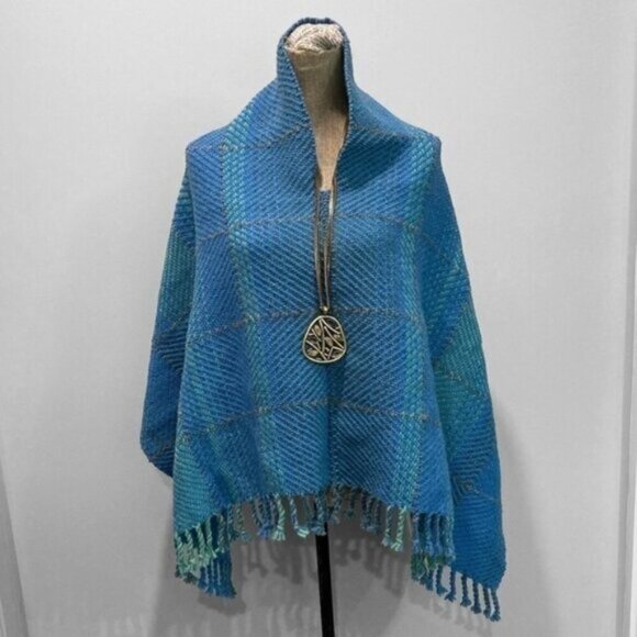 BLUE Wool Knit Poncho One Size - Picture 1 of 13